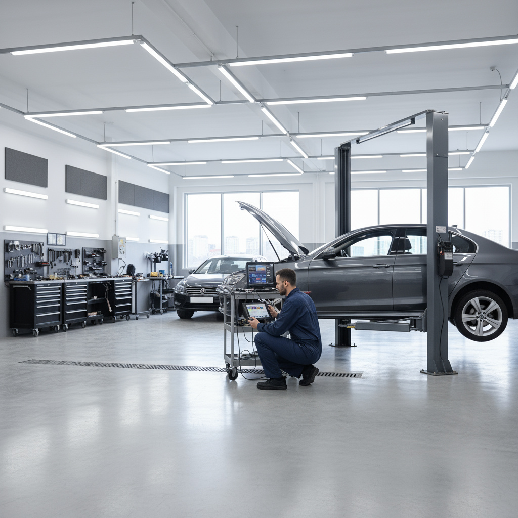 Werkstatt: Mechaniker führt Motorendiagnose durch